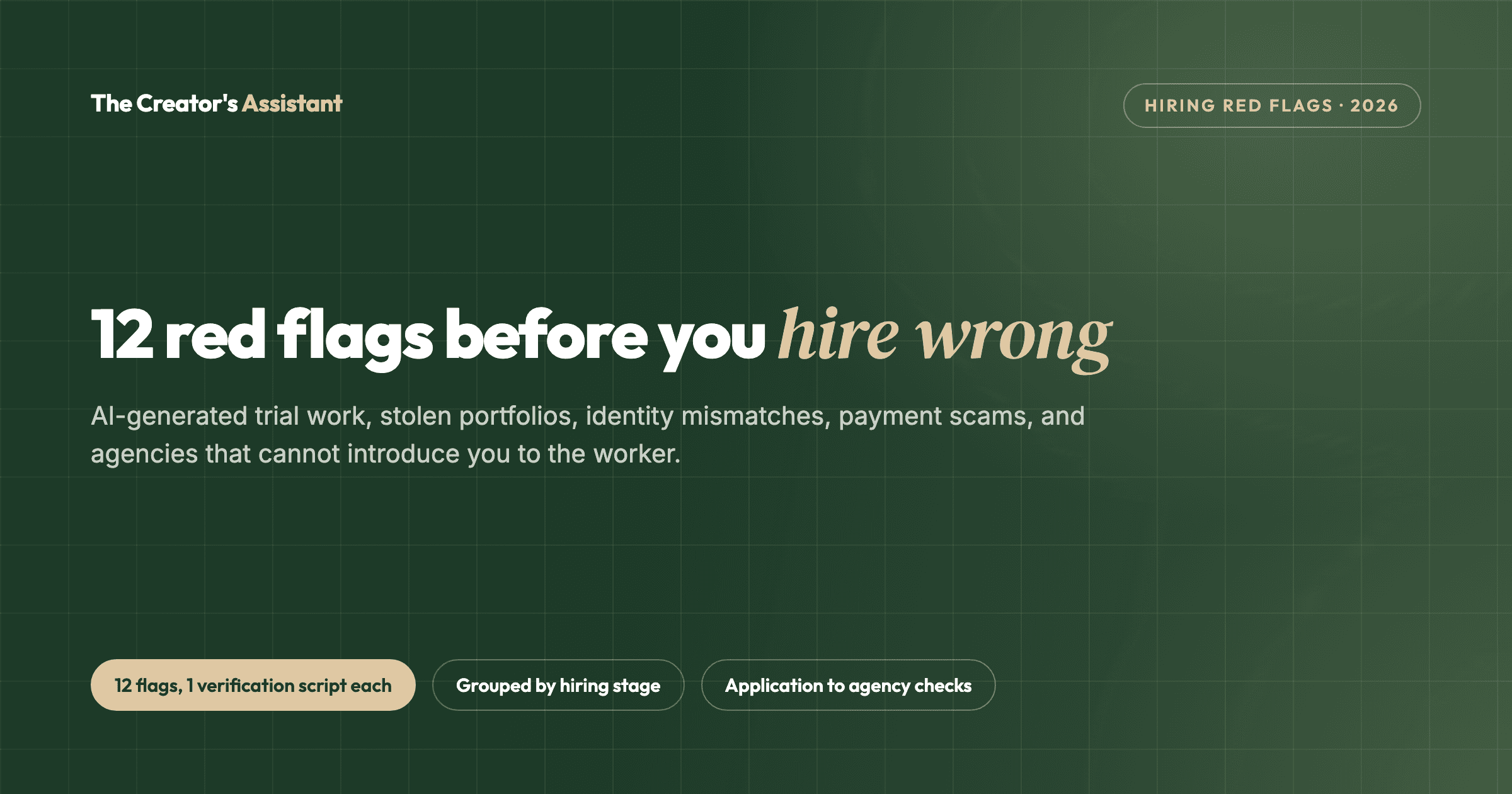 12 red flags when hiring an overseas virtual assistant, grouped by hiring stage, each with a verification script.