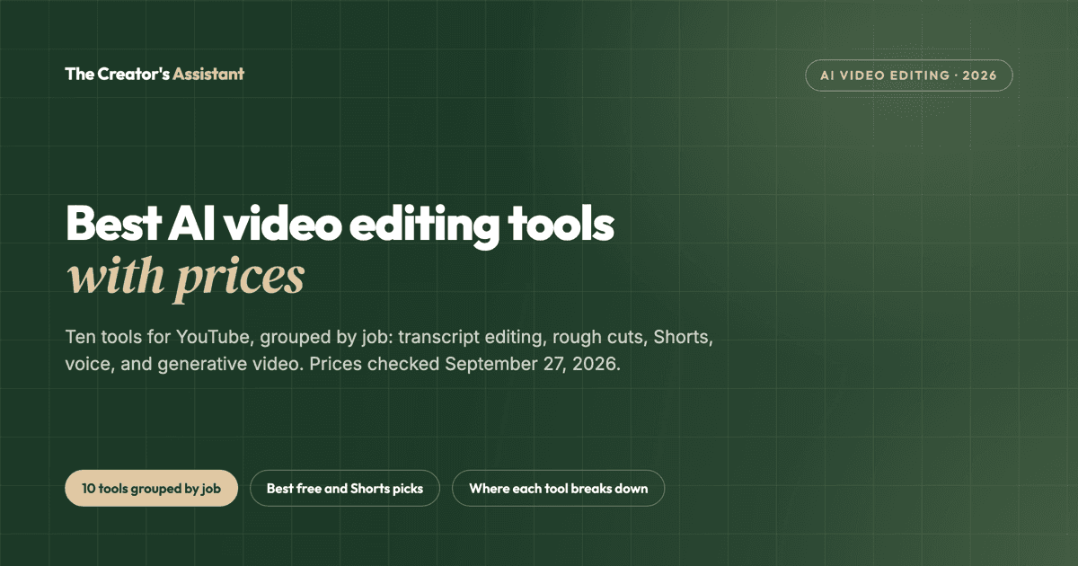 Best AI video editing tools with prices: ten tools for YouTube, grouped by job, prices checked September 27, 2026.